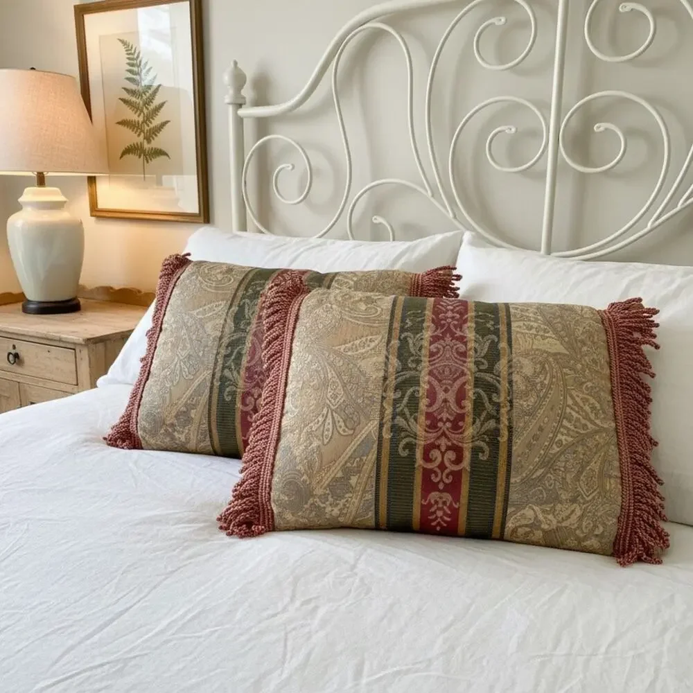 Pair Croscill Paisley Fringe Lumbar Pillows-Burgundy Gold-Traditional-Vintage